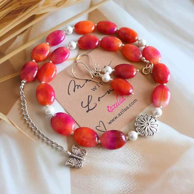 Sweet pink shaded beaded gemstone necklace set