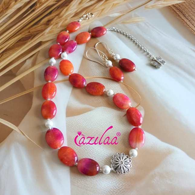 Sweet pink shaded beaded gemstone necklace set