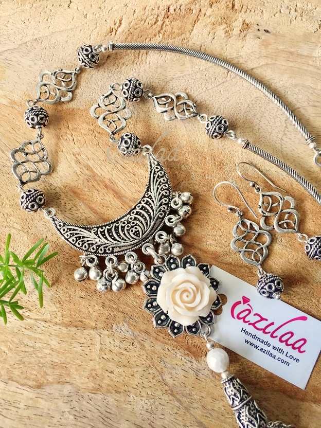 Tassel designer Rose handmade silver chain necklace earrings