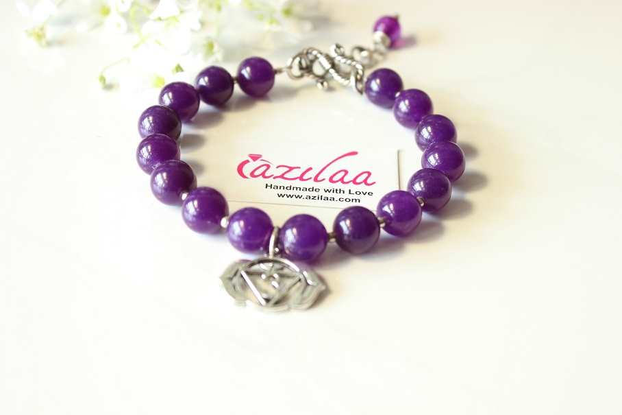 Third Eye Chakra purple gemstone beaded silver bracelet