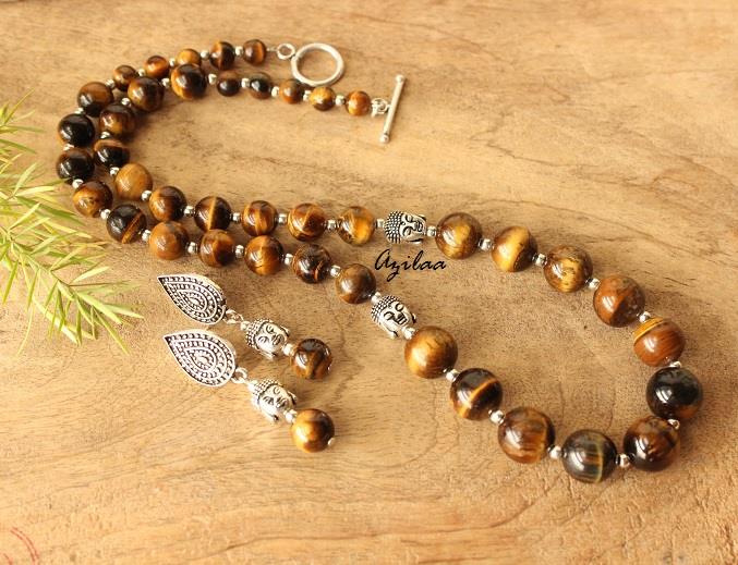 Tiger eye Buddha gemstone designer handmade necklace earring set