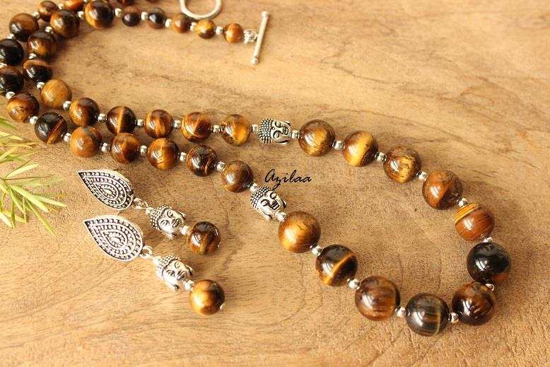 Tiger eye Buddha gemstone designer handmade necklace earring set