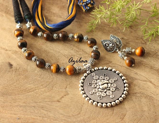 Tiger eye Ganesha gemstone designer handmade necklace earring set