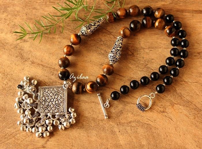 Tiger eye black onyx gemstone handmade pendant necklace earring