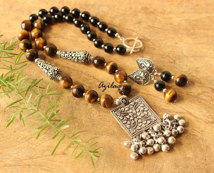 Tiger eye Black onyx gemstone necklace earrings set