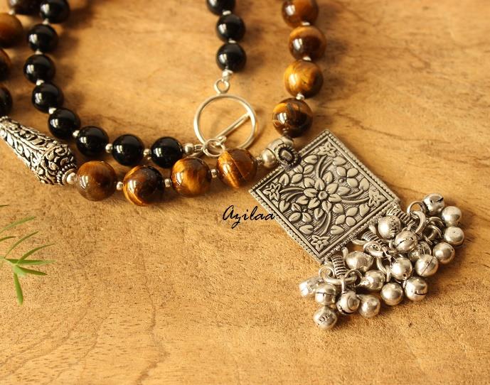 Tiger eye Black onyx gemstone necklace earrings set