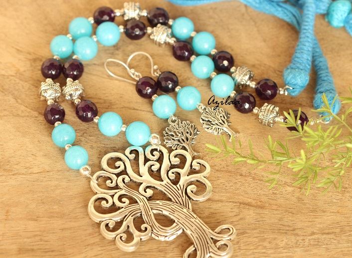 Tree of Life gemstone Charm pendant handmade necklace set