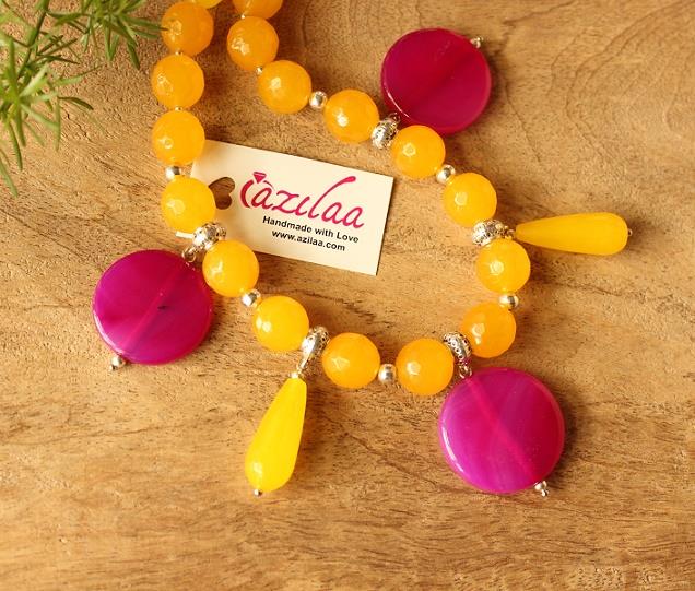 Trendy Yellow pink gemstone beaded necklace 