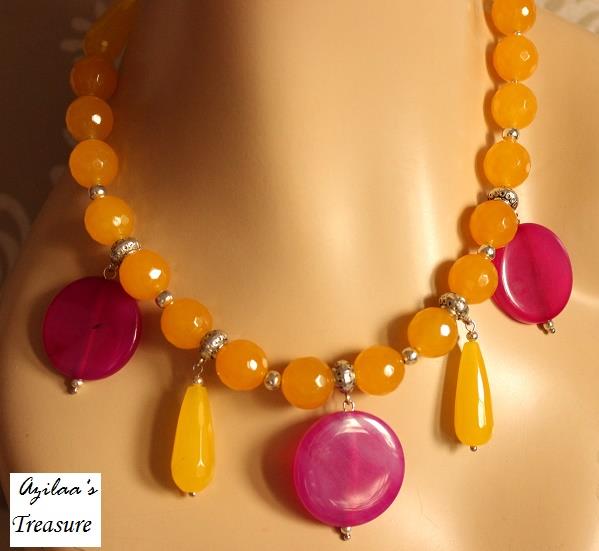 Trendy Yellow pink gemstone beaded necklace 