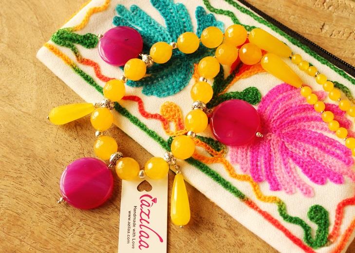 Trendy Yellow pink gemstone beaded necklace 