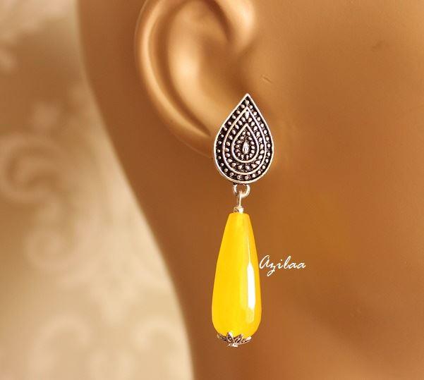 Trendy yellow drop silvertone gemstone handmade earrings