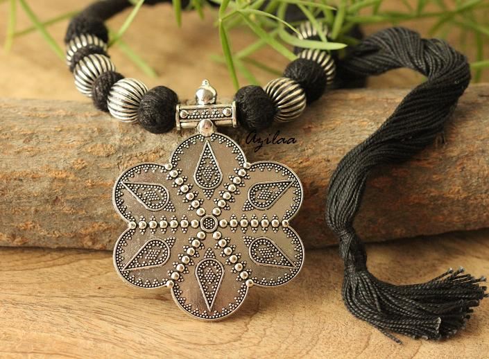 Tribal BlackEthnic oxidized silver plated thread handmade necklace set