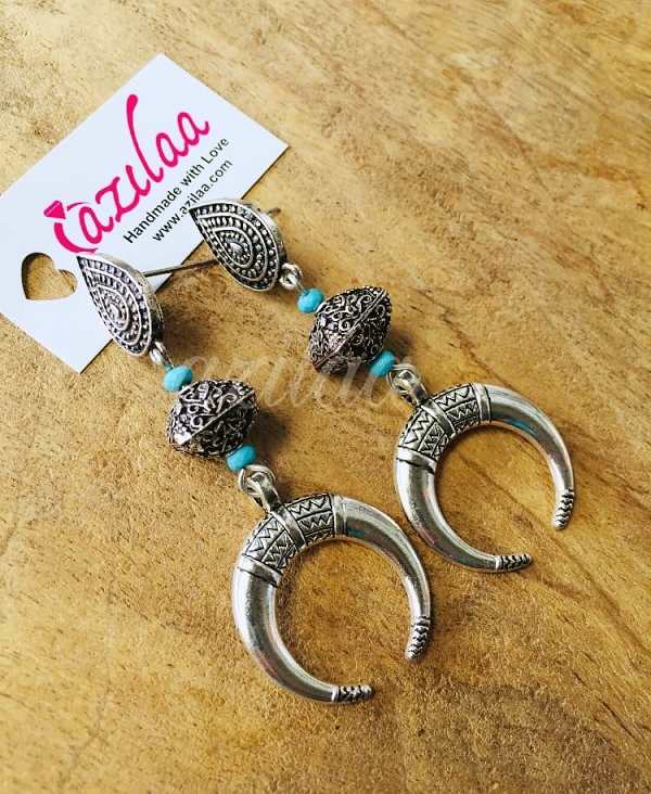 Tribal Horn statement turquoise antique silver Earrings