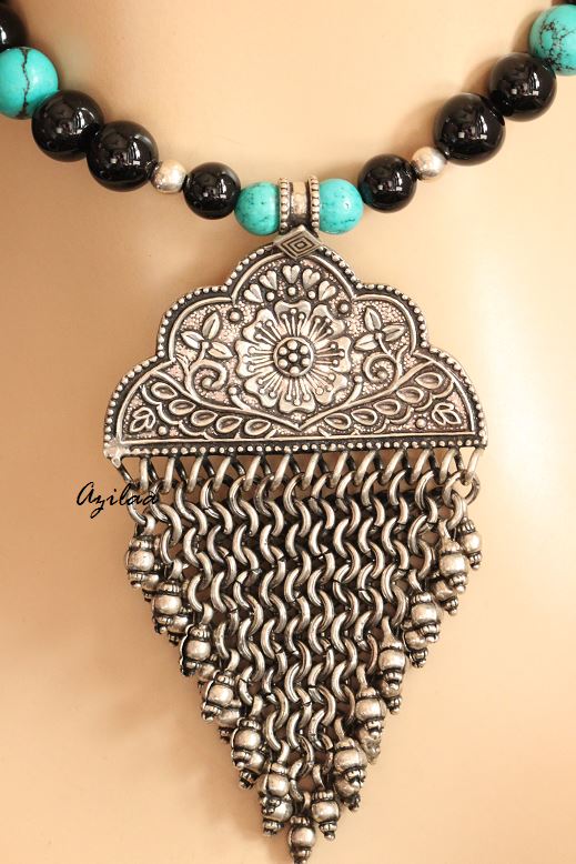 Tribal artisan sterling silver Turquoise black onyx gemstone necklace
