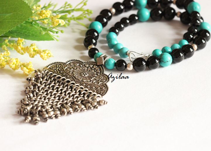 Tribal artisan sterling silver Turquoise black onyx gemstone necklace