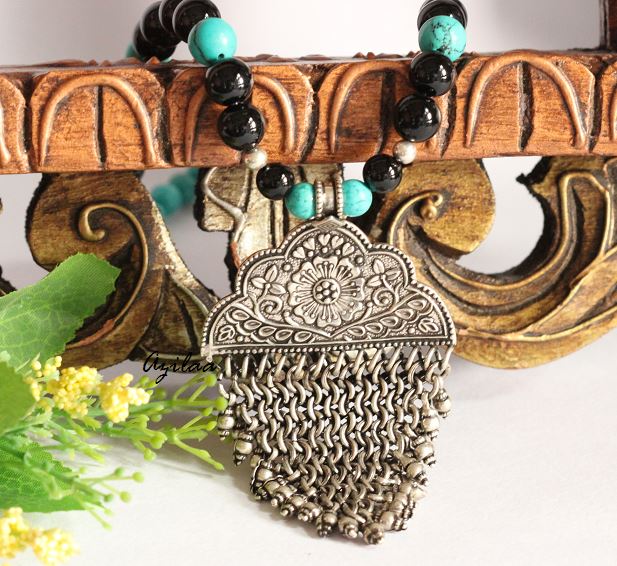 Tribal artisan sterling silver Turquoise black onyx gemstone necklace