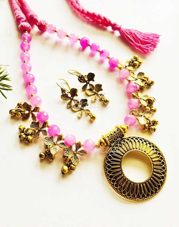 Tribal fusion flower antique gold tone beaded necklace set