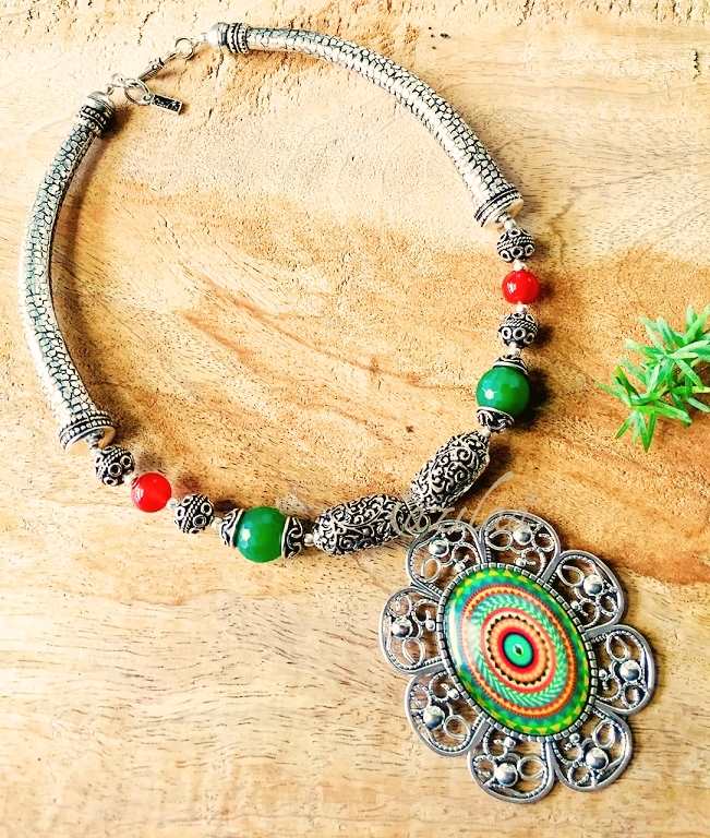 Tribal green Statement handmade necklace earrings set