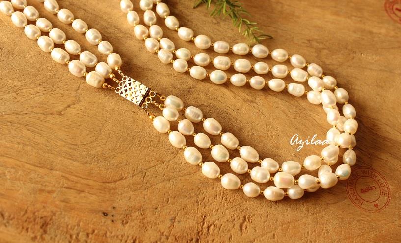 Long freshwater pearl necklace, 3 layered pearl necklace
