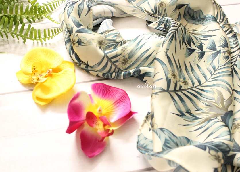 Tropical leaves cream satin scarf