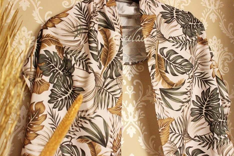 Tropical leaves off white satin scarf