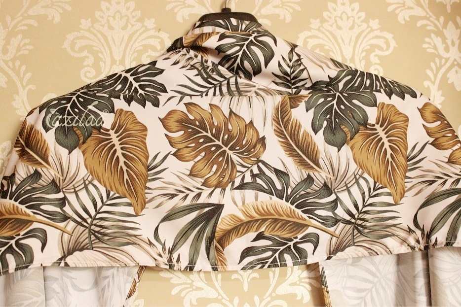 Tropical leaves off white satin scarf