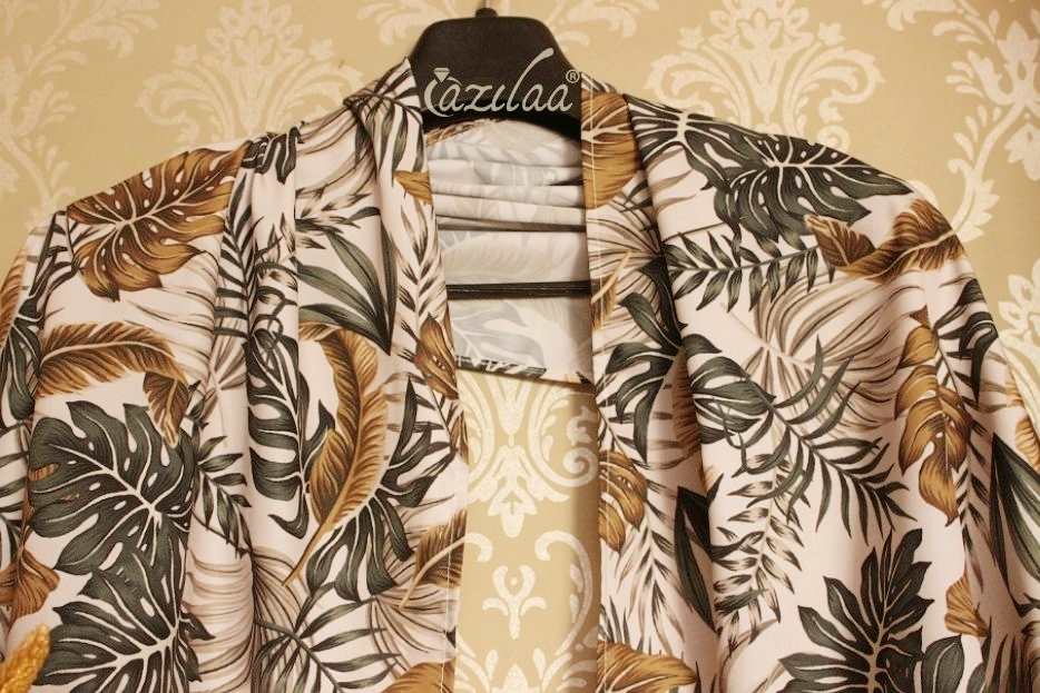 Tropical leaves off white satin scarf