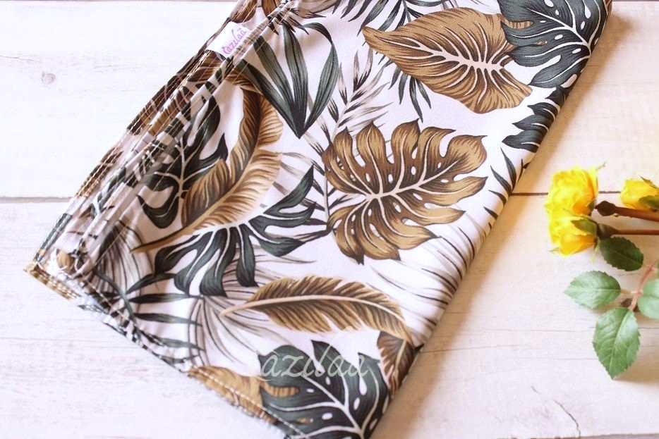 Tropical leaves off white satin scarf