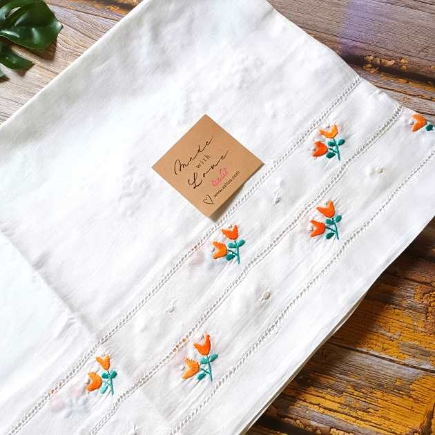 Tulips flower white cotton hand embroidered table cloth 01