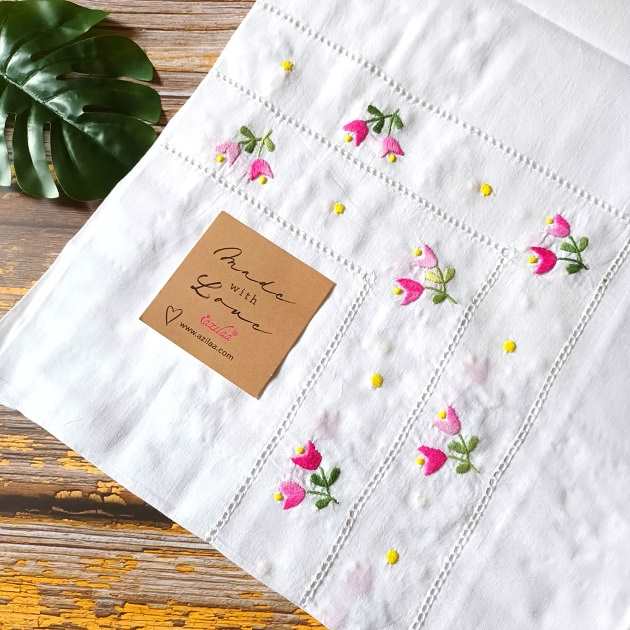 Tulips flower white cotton hand embroidered table cloth 01