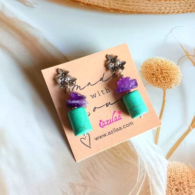 Turquoise Amethyst Gemstone Flower Earrings