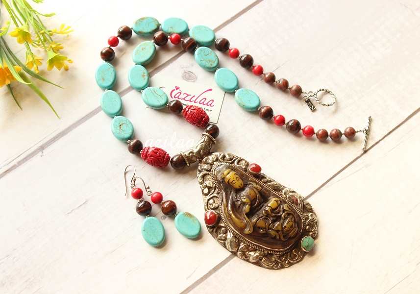 Turquoise Buddha Amulet beaded artisan handmade necklace set