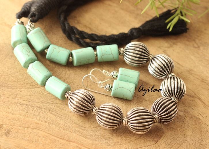 Turquoise Statement artisan handmade necklace earrings set