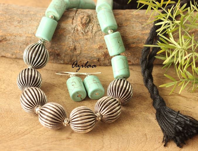 Turquoise Statement artisan handmade necklace earrings set
