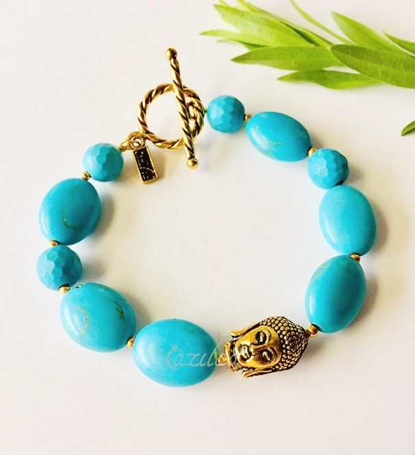 Turquoise antique gold stone Buddha head bracelet