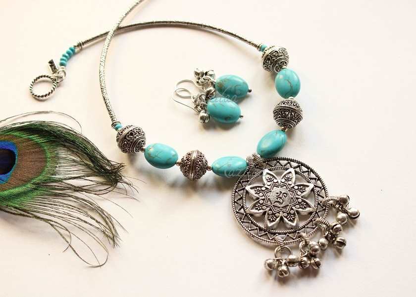 Turquoise blue OM pendant gemstone handmade necklace set