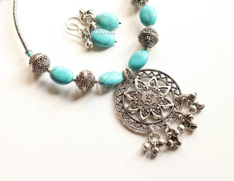 Turquoise blue OM pendant gemstone handmade necklace set