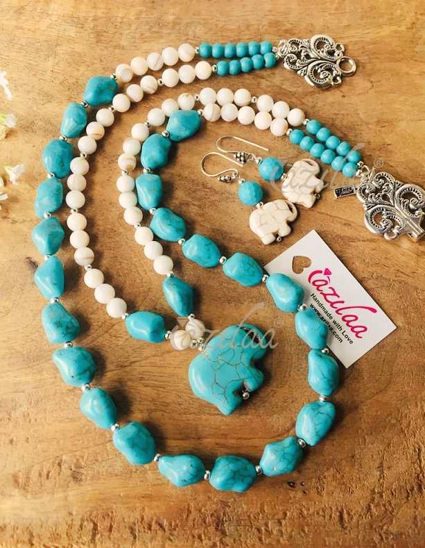 Turquoise blue elephant mother of pearl necklace set