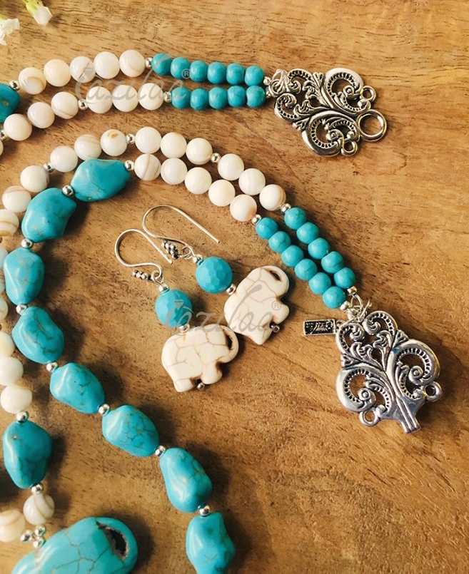 Turquoise blue elephant mother of pearl necklace set