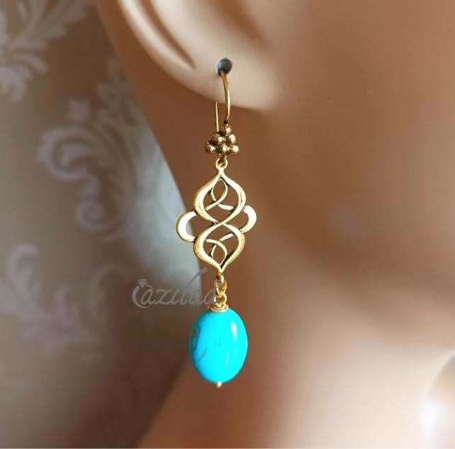Turquoise blue gemstone dangler antique golden earrings