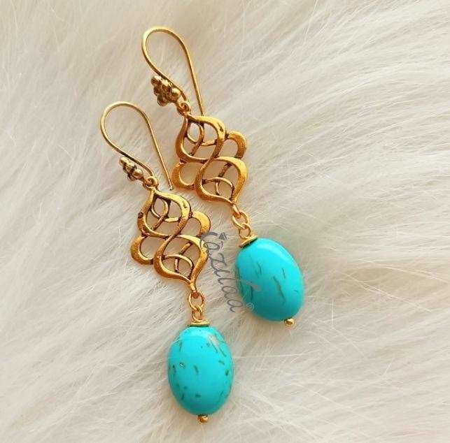 Turquoise blue gemstone dangler antique golden earrings