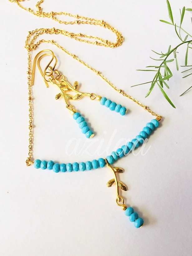 Turquoise gemstone bead pendant gold plated chain necklace set