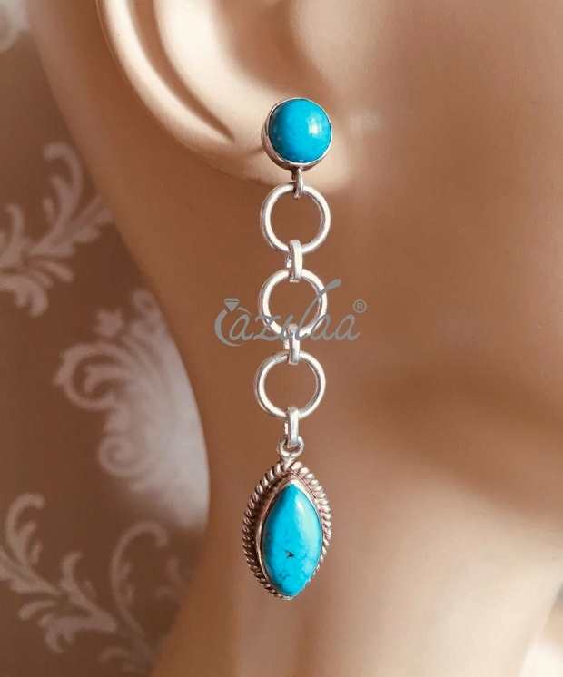 Turquoise gemstone circle sterling silver handmade earrings