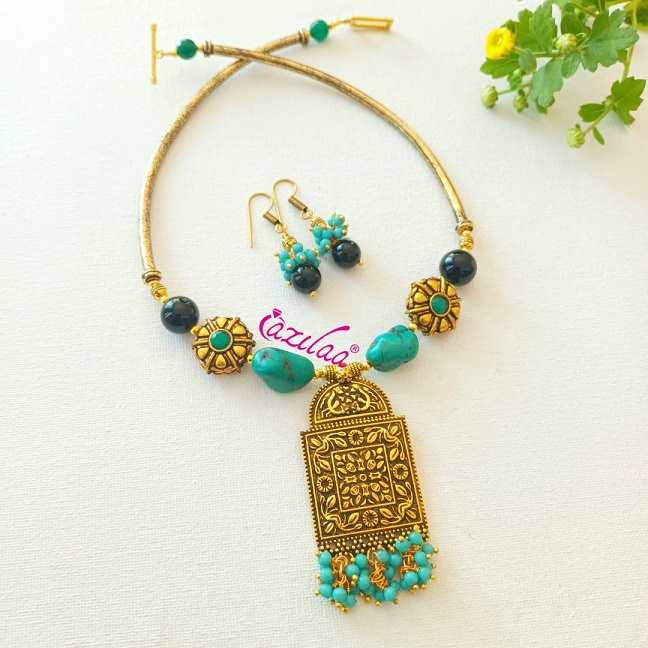 Turquoise  gemstone designer golden necklace earrings set