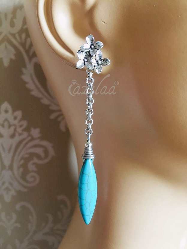 Turquoise greenish blue antique silver drop designer earrings