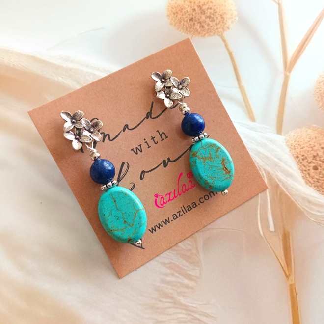 Turquoise lapis Gemstone floral earrings