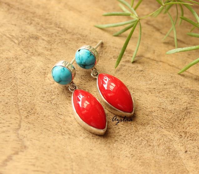 Turquoise red Sterling silver gemstone post earrings