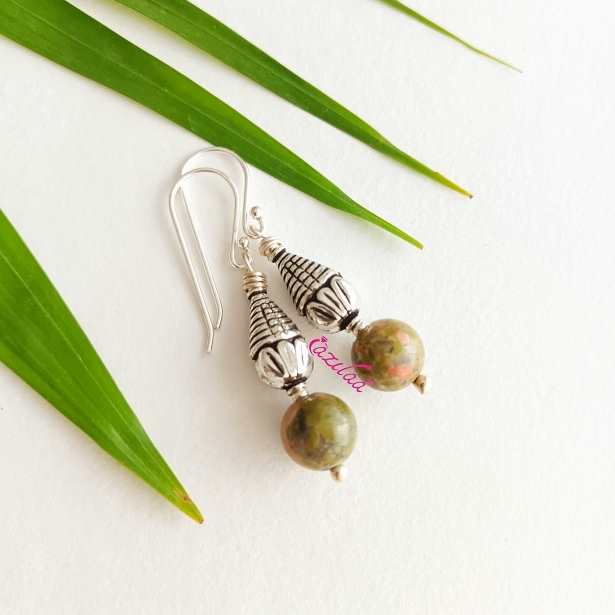 Unakite gemstone bead dangler silver earrings