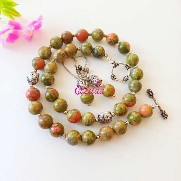 Unakite gemstone buddha necklace earrings
