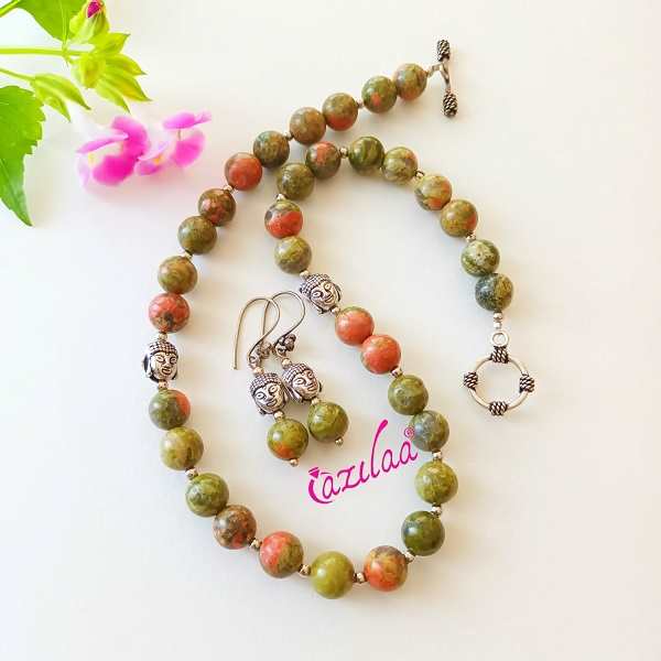 Unakite gemstone buddha necklace earrings